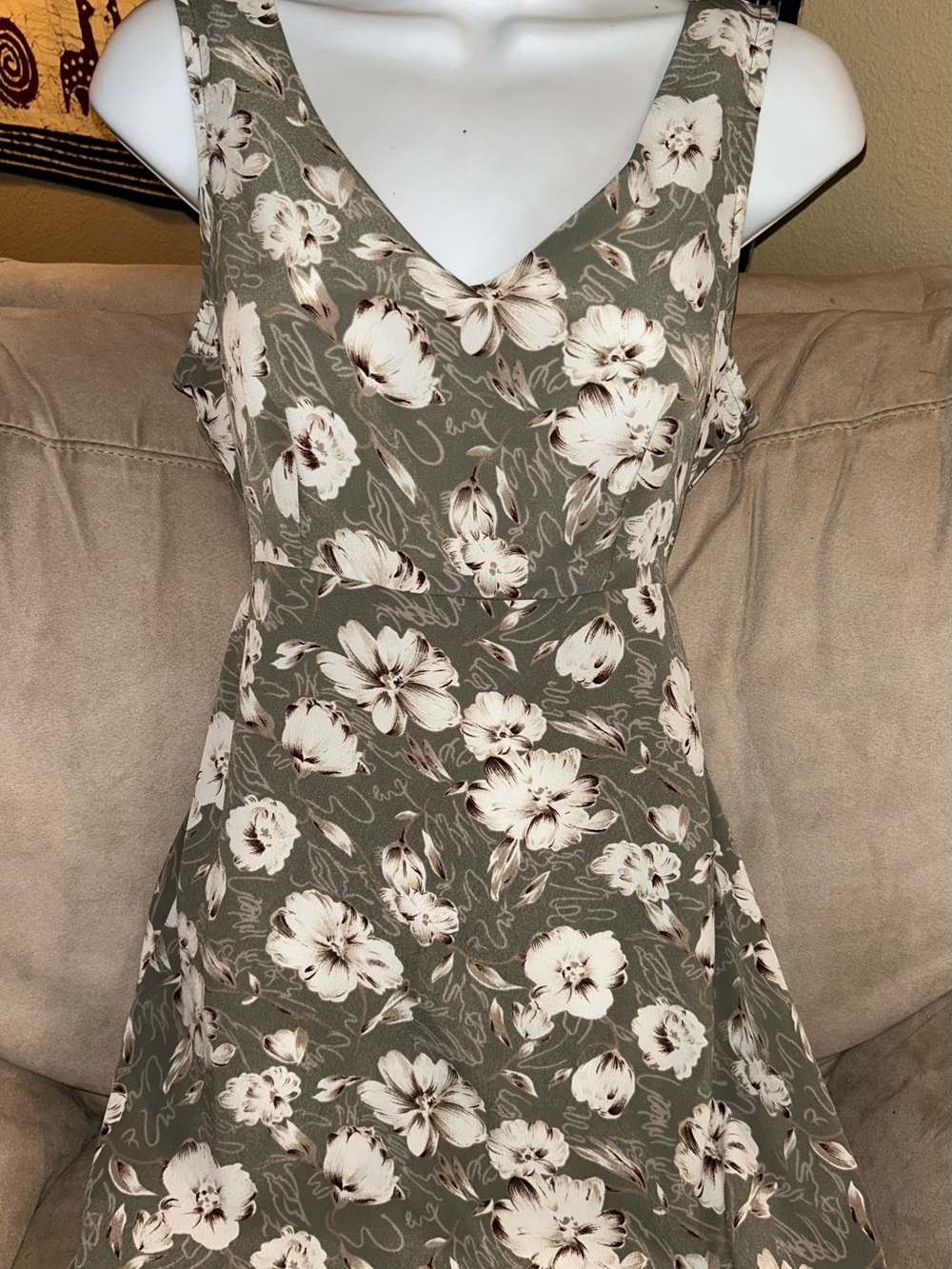 Floral V-Neck A-Line Dress in Olive with Cream Flowers